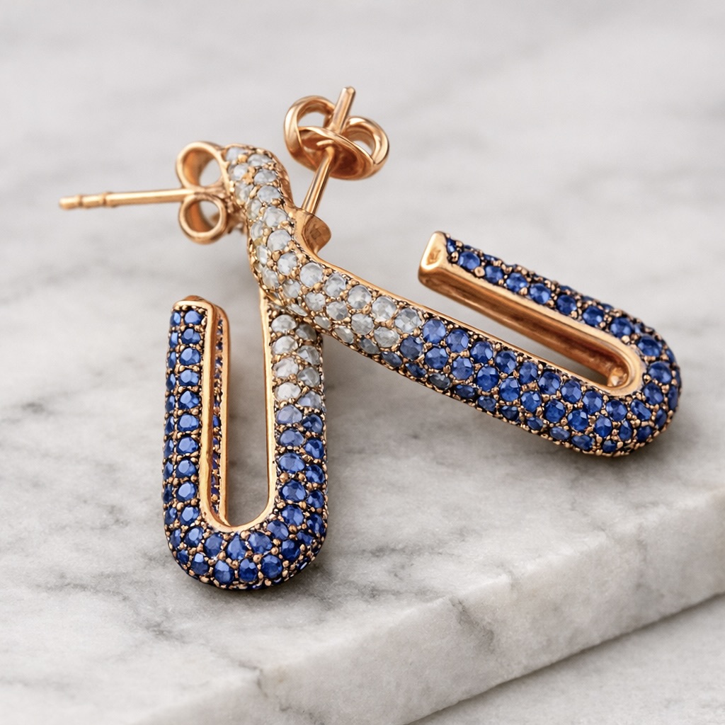 Sterling Silver 925 Rose Gold Plated Blue Pavé Stud Earrings “Azure Sparkle” - Image 2