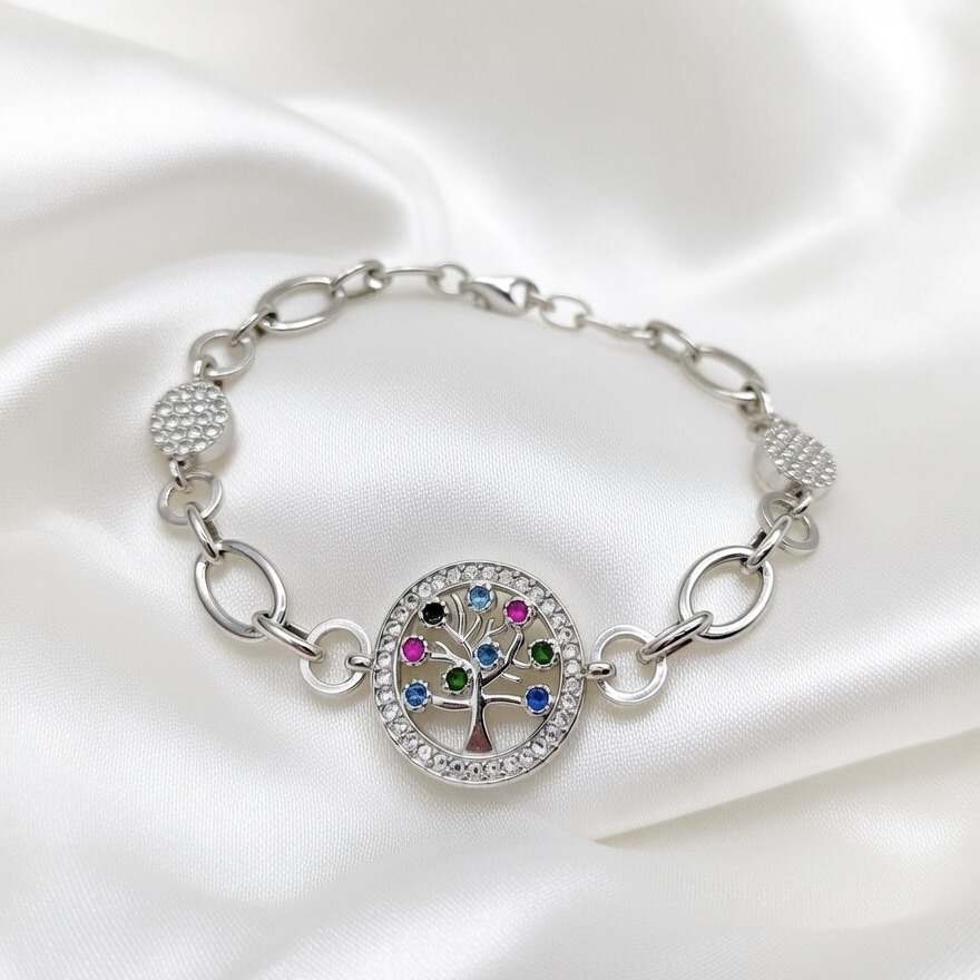 Sterling Silver 925 Tree of Life CZ Charm Chain Bracelet "Genesis" - Silver Image 2