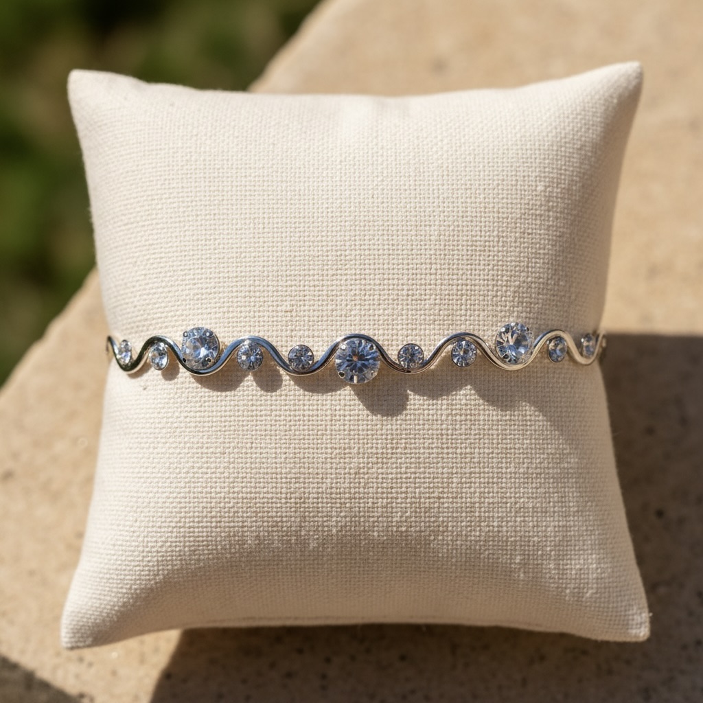 Sterling Silver 925 Wavy Swarovski Crystals Bangle Bracelet "Serena" - Image 2