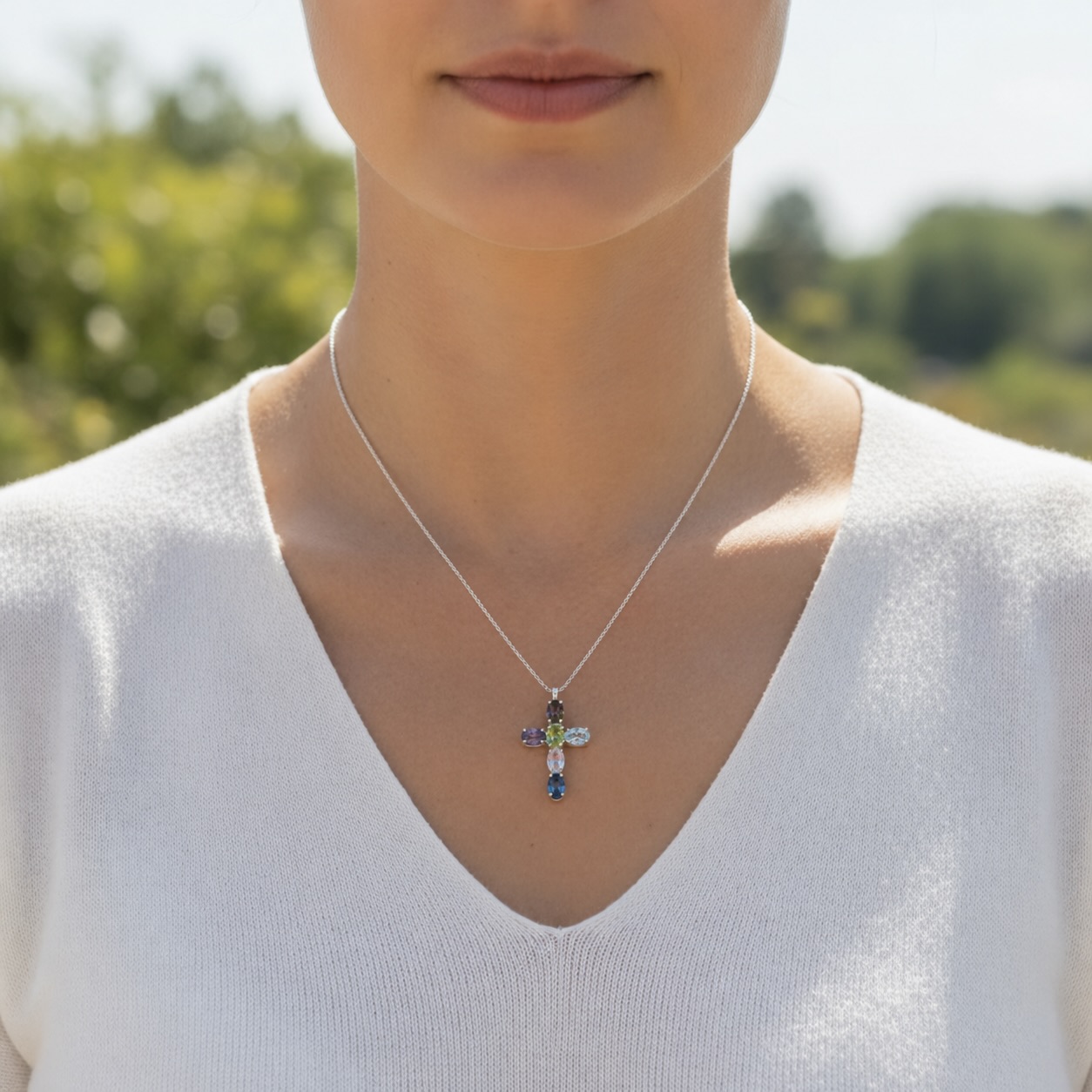 Sterling Silver 925 Cross Pendant Swarovski Crystal Necklace "Rainbow" - Image 3