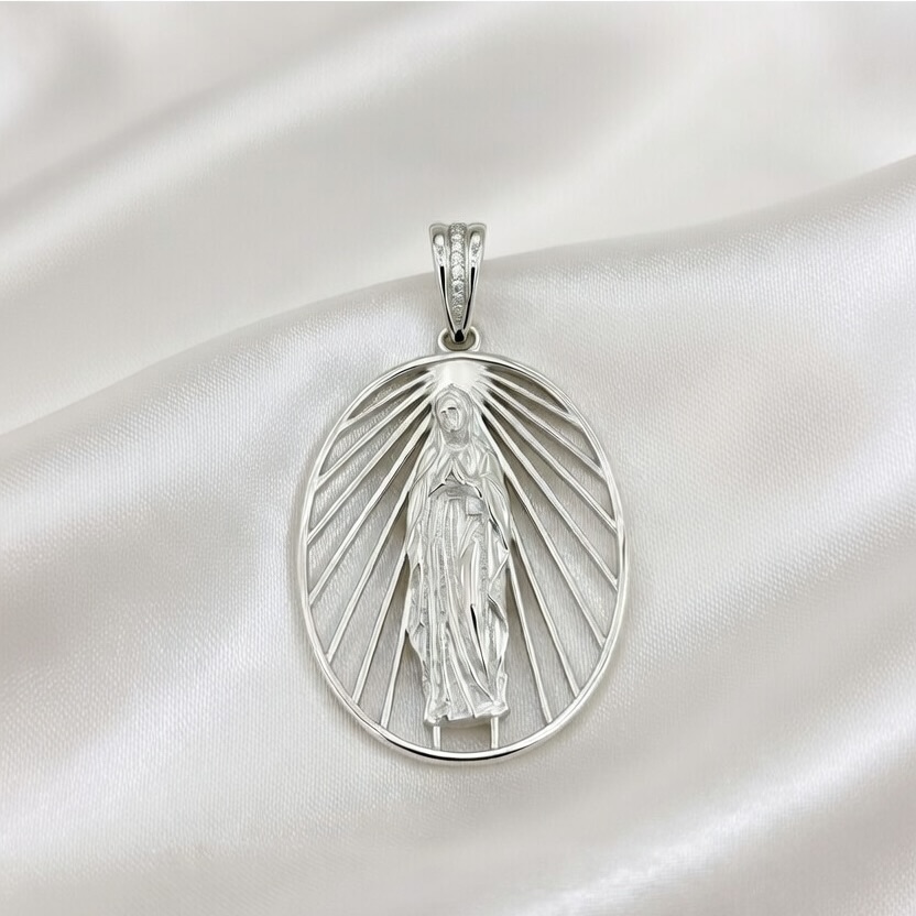 Sterling Silver 925 Virgin Mary CZ Pendant "Lourdes" - Silver Image 2