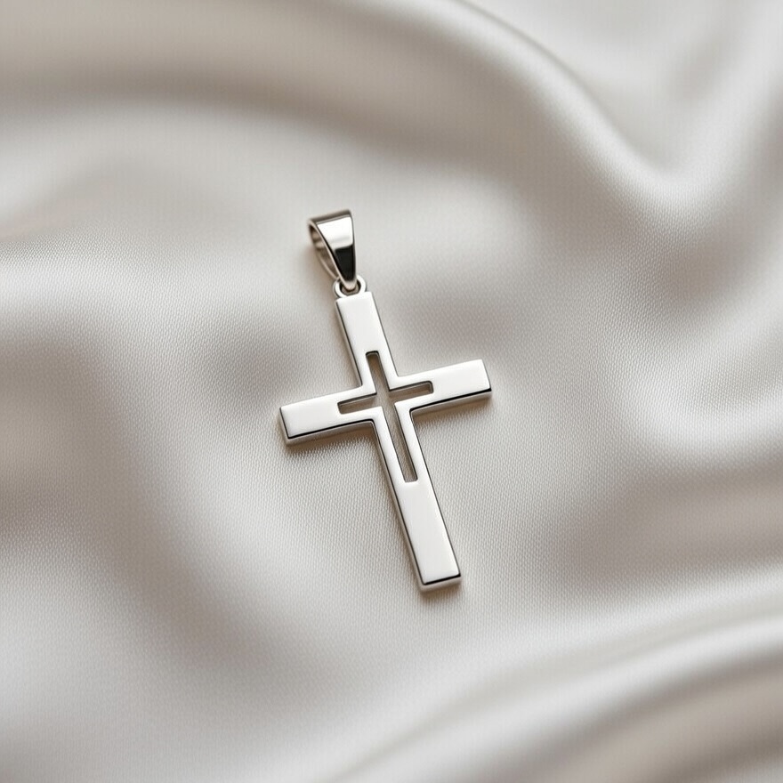 Sterling Silver 925 Double Cross Pendant "Noel" - Silver Image 2
