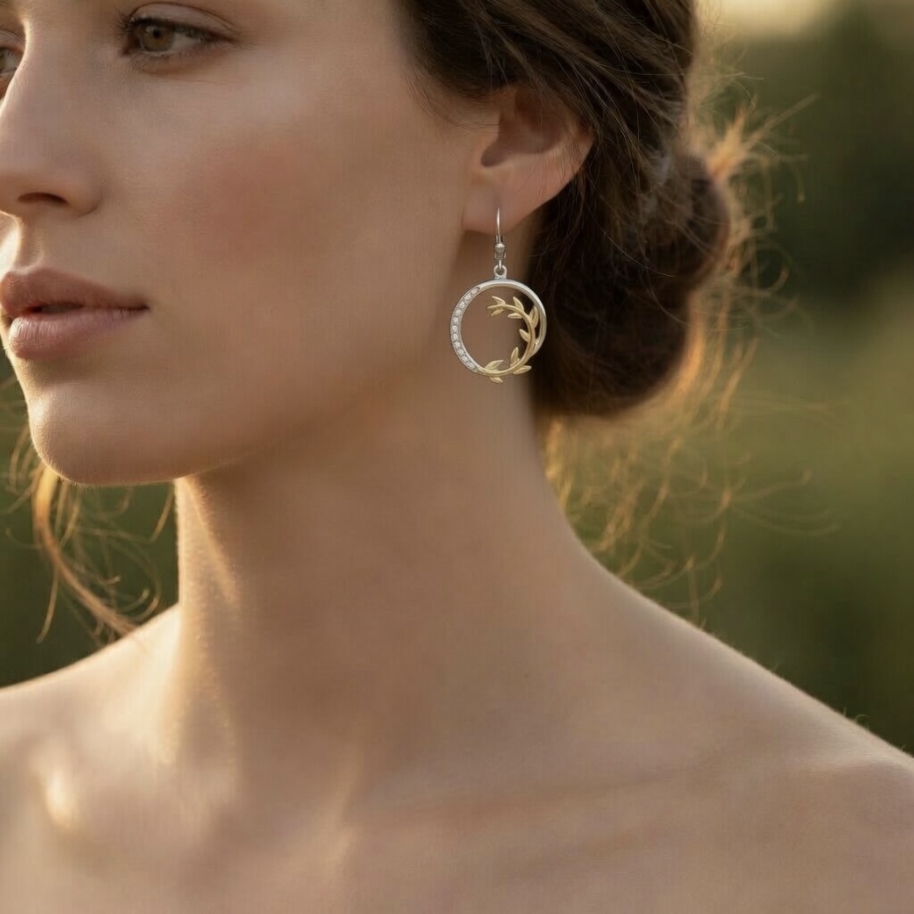 Sterling Silver 925 Yellow Gold Plated Olive Branch CZ Drop Earrings "Olea" - Image 3