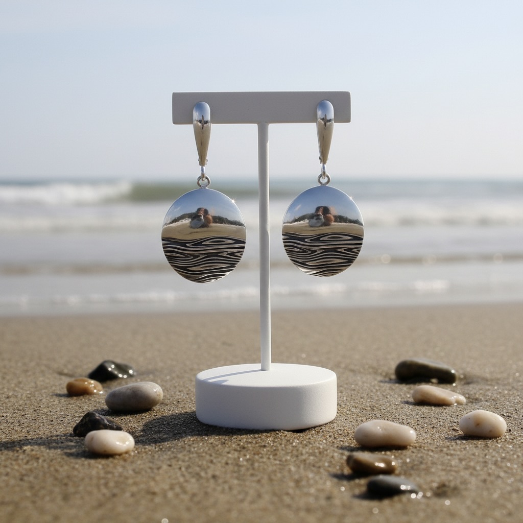 Sterling Silver 925 Oval Drop Earrings “Ocean Waves” - Image 2