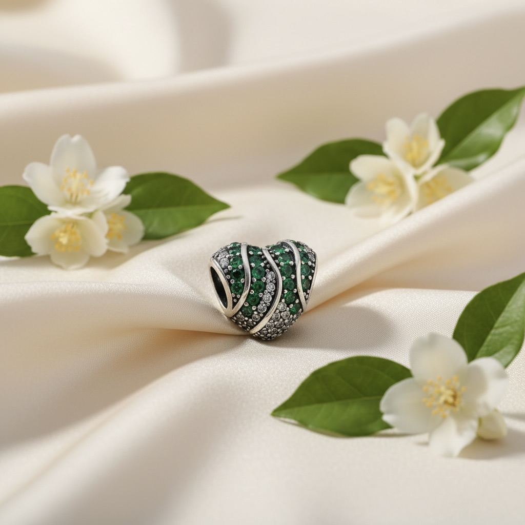 Sterling Silver 925 Sparkling Heart Bracelet Bead Charm "Green Wave" - Image 2