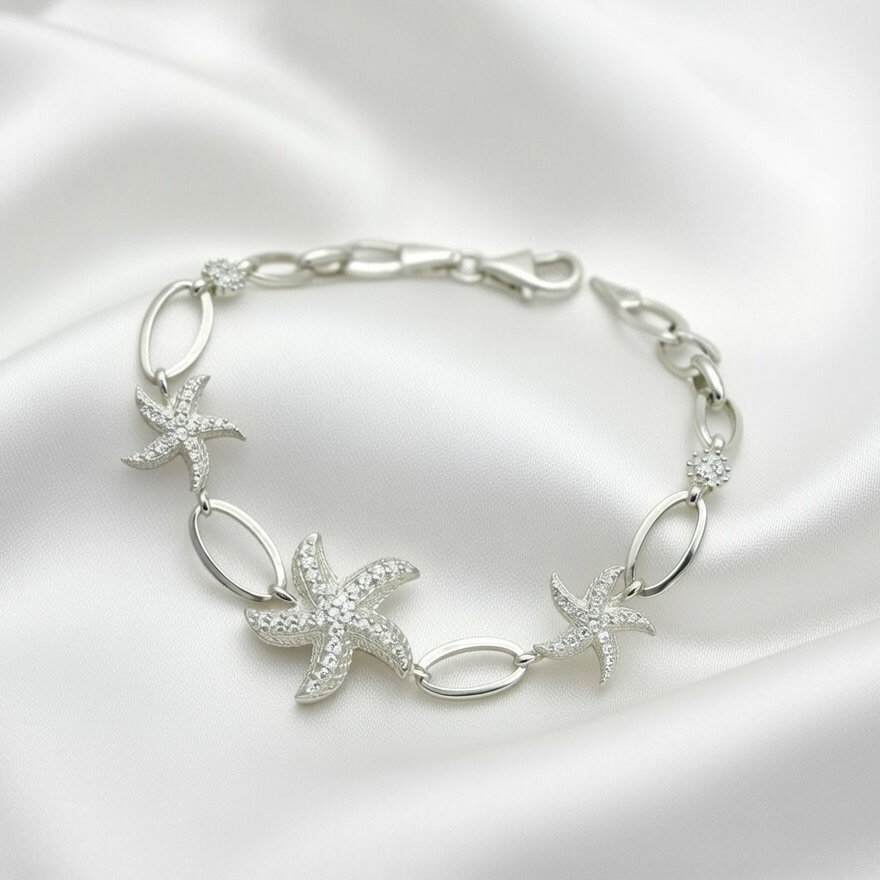Sterling Silver 925 Seastar CZ Charm Chain Bracelet "Venus" - Silver Image 2
