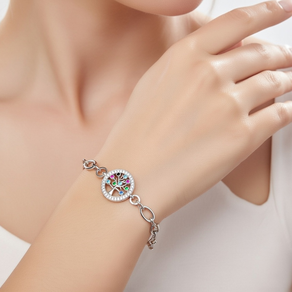 Sterling Silver 925 Tree of Life CZ Charm Chain Bracelet "Genesis" - Silver Image 3