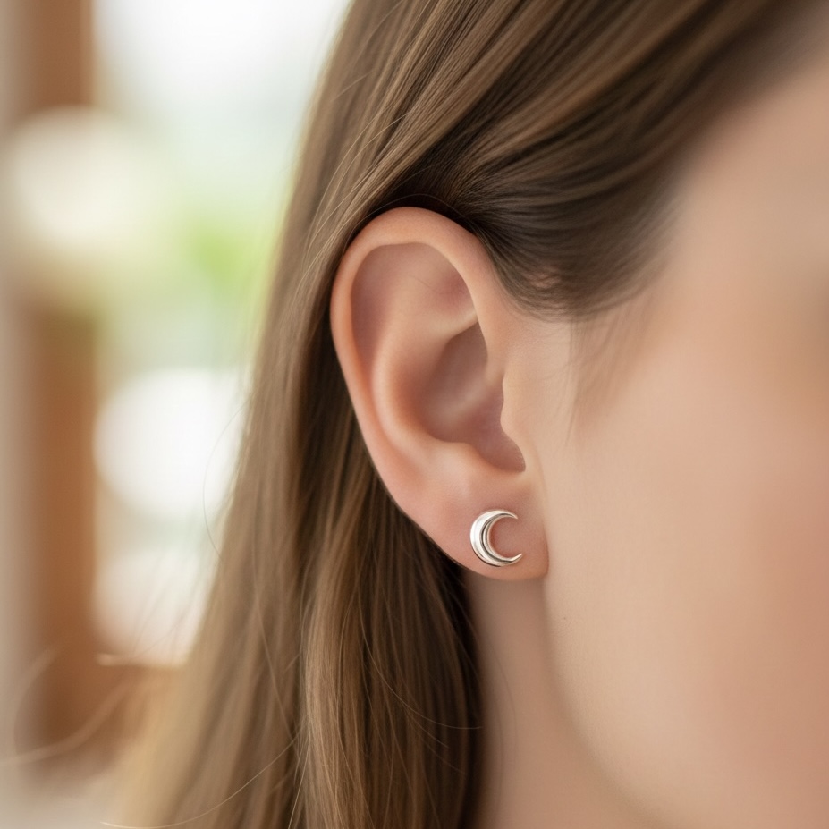 Sterling Silver 925 Moon Stud Earrings "Good Night" - Silver Image 2