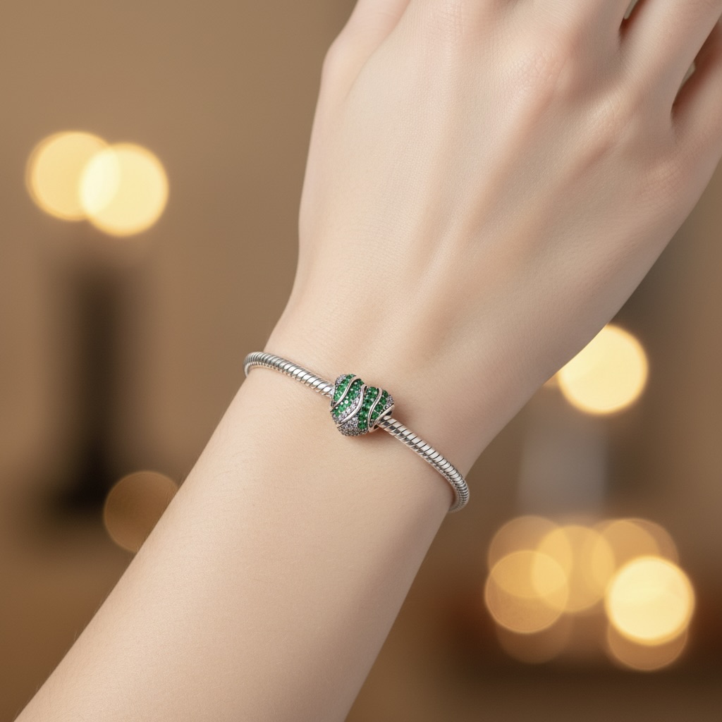 Sterling Silver 925 Sparkling Heart Bracelet Bead Charm "Green Wave" - Image 3