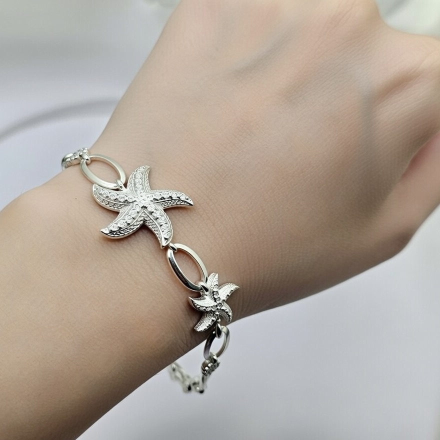 Sterling Silver 925 Seastar CZ Charm Chain Bracelet "Venus" - Silver Image 3