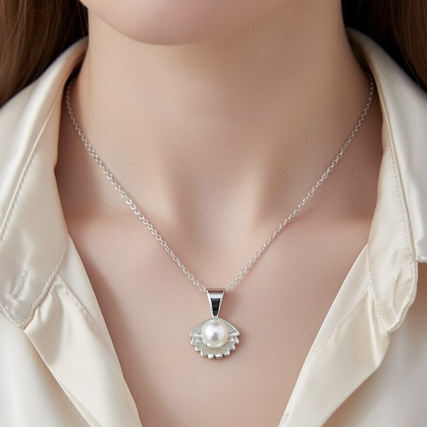 Sterling Silver 925 Pearl Necklace Pendant "Shelly" - Silver Image 3