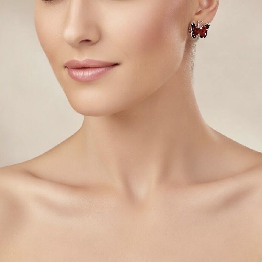 Sterling Silver 925 Red Enamel Butterfly Jewellery Set "Azalea" - Silver Image 4