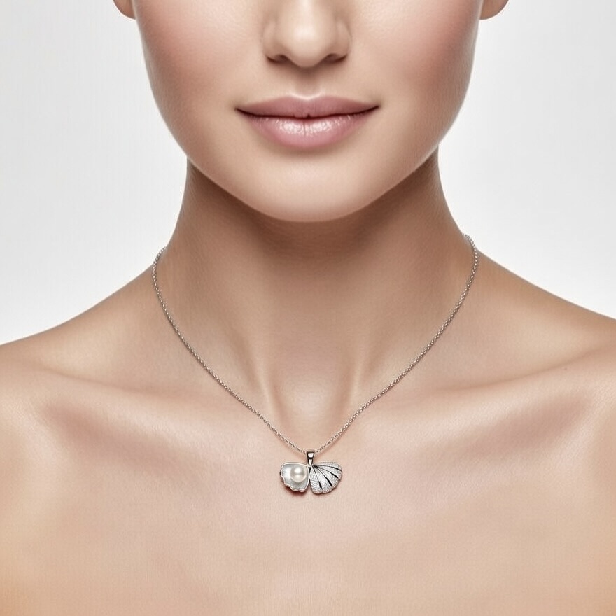 Sterling Silver 925 Pearl Seashell Charm Necklace Pendant "Moana" - Silver Image 4