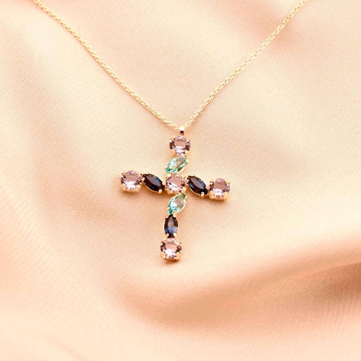 Gold Plated Sterling Silver 925 Cross Pendant Swarovski Crystal Necklace "Prism" - Silver Image 2