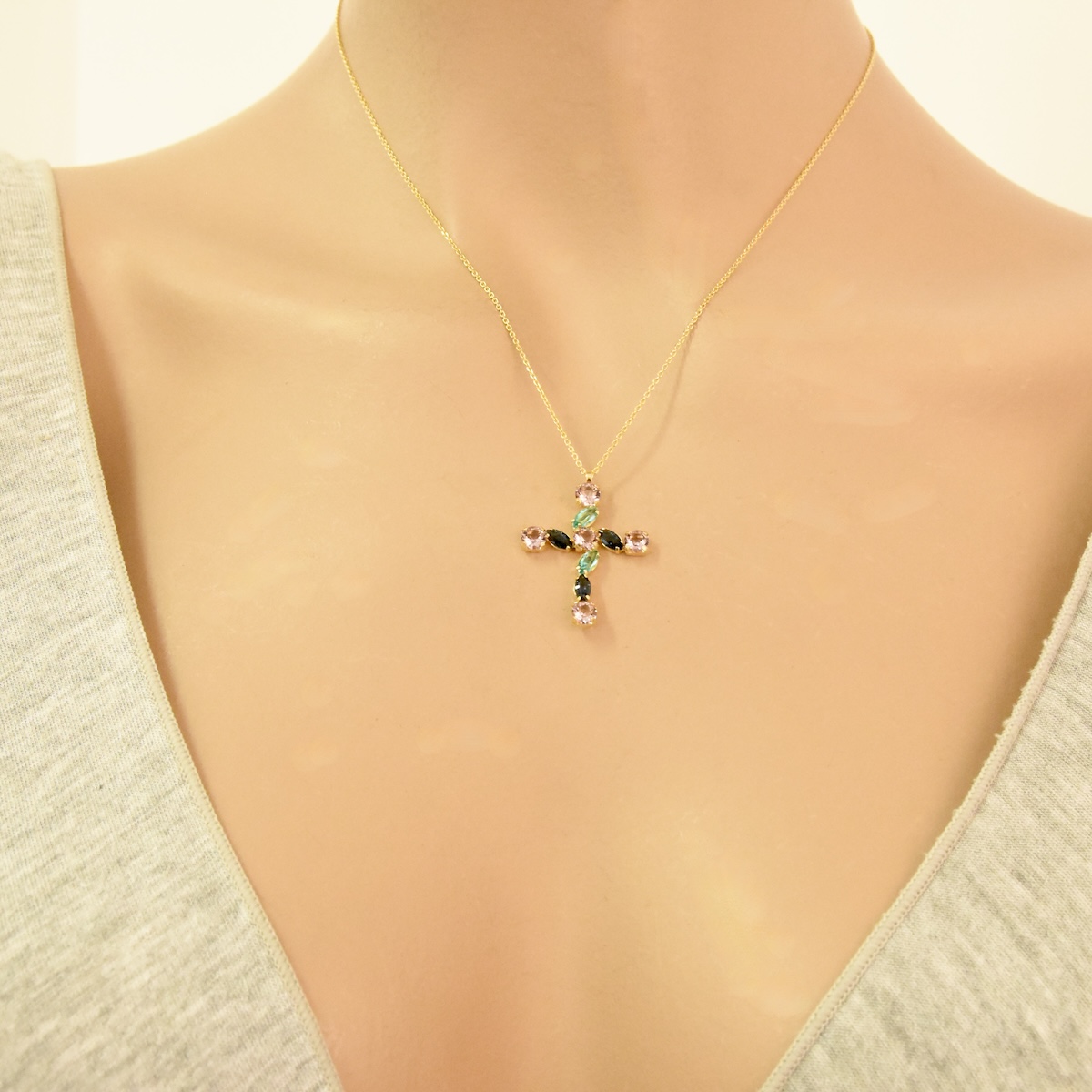 Gold Plated Sterling Silver 925 Cross Pendant Swarovski Crystal Necklace "Prism" - Silver Image 3