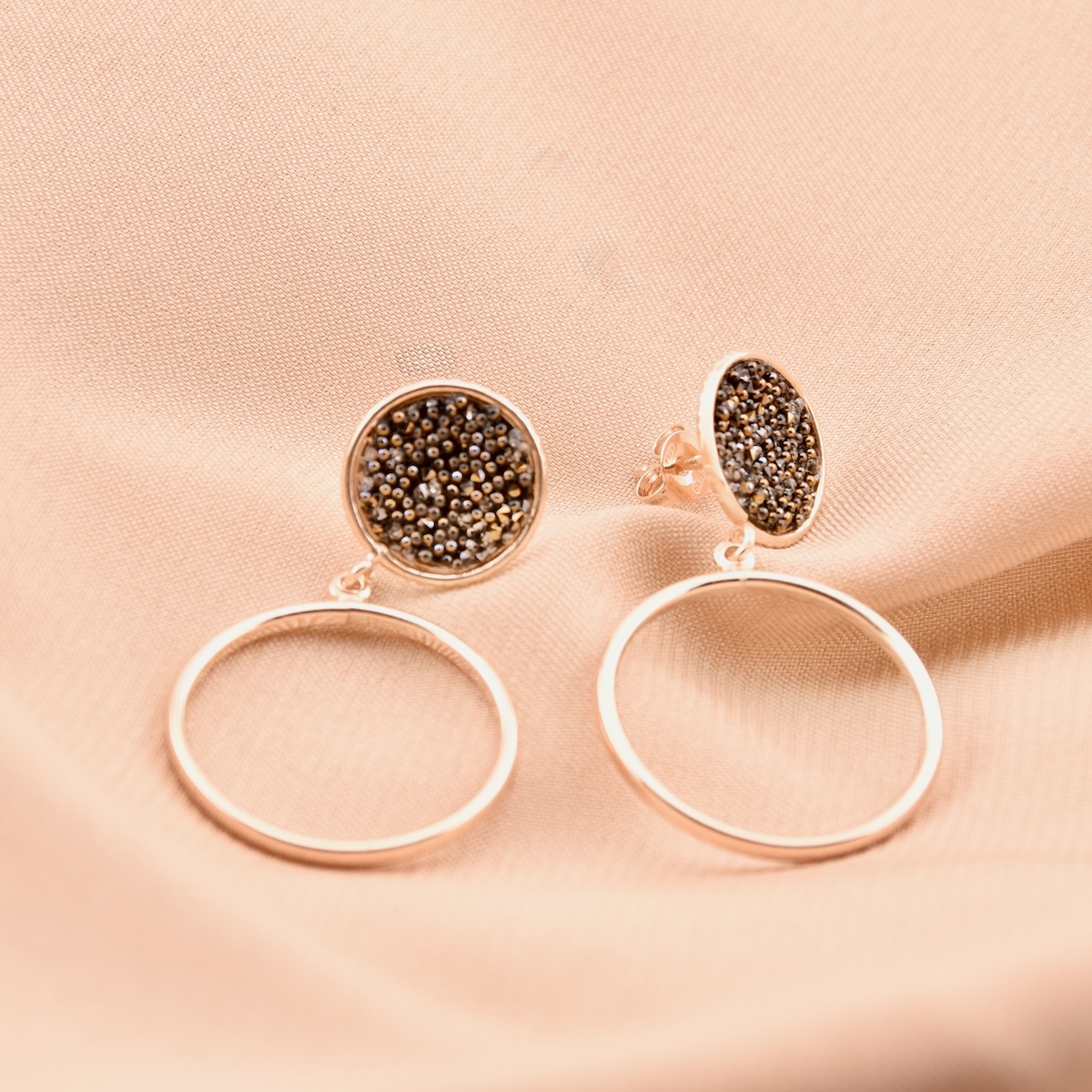 Gold Plated Sterling Silver 925 Black Druzy Stud Drop Earrings "Noir" - Silver Image 2