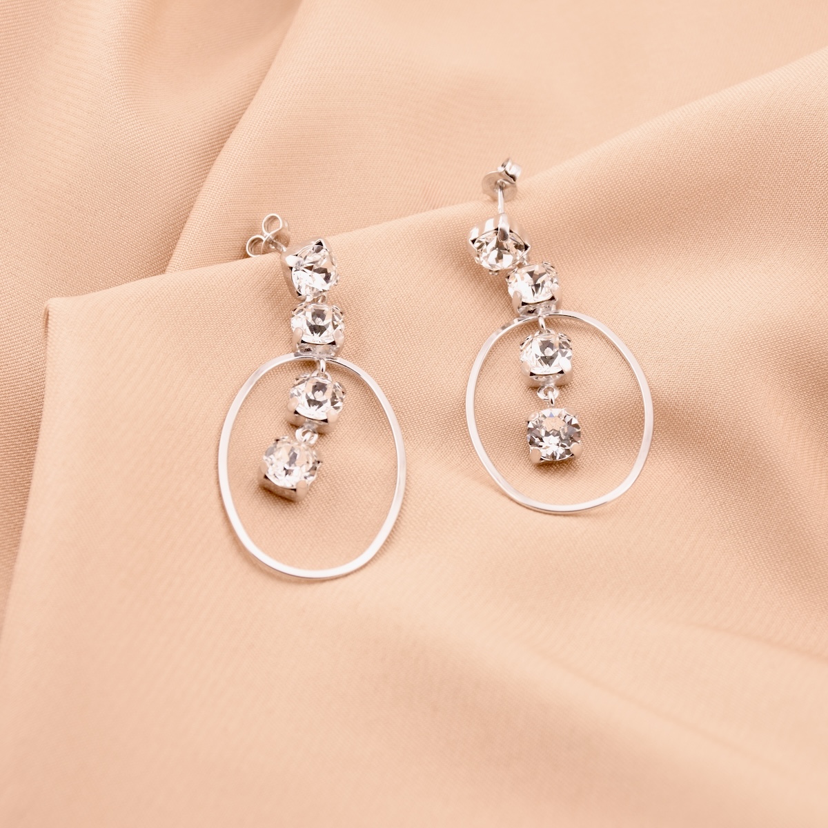 Sterling Silver 925 Oval White Swarovski Crystals Earrings "Eclat" - Silver Image 2