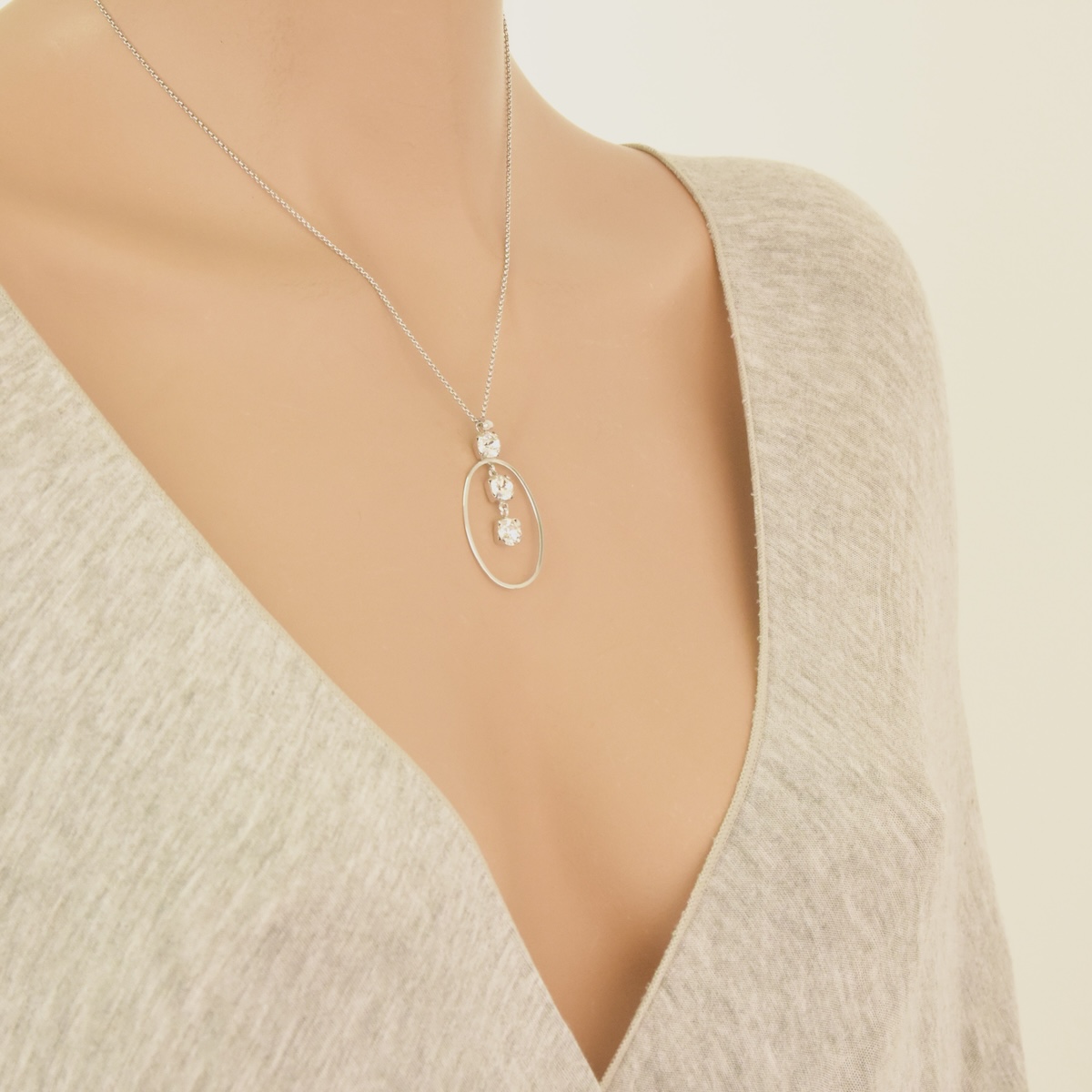 Sterling Silver 925 Oval White Swarovski Crystal Pendant Necklace "Eclat" - Silver Image 2