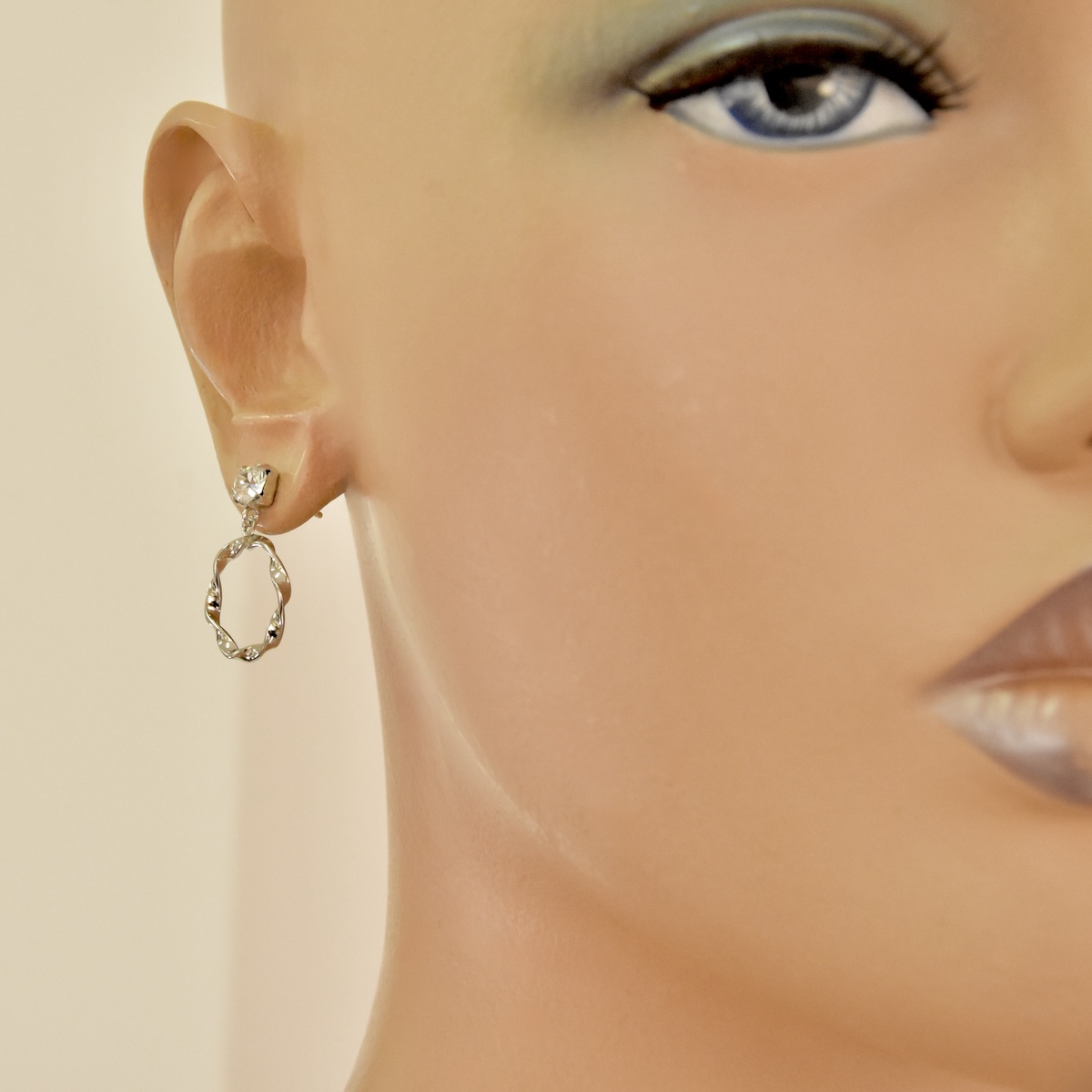 Sterling Silver 925 Twisted Hoop Swarovski Crystal Stud Drop Earrings "Helix" - Silver Image 4