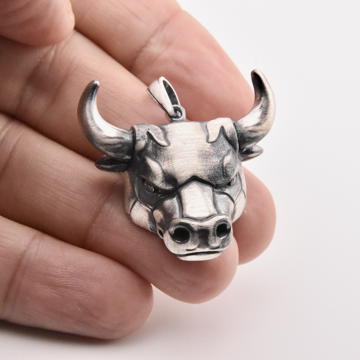 Sterling Silver 925 Bull Head CZ Pendant "Taurus" - Silver Image 3
