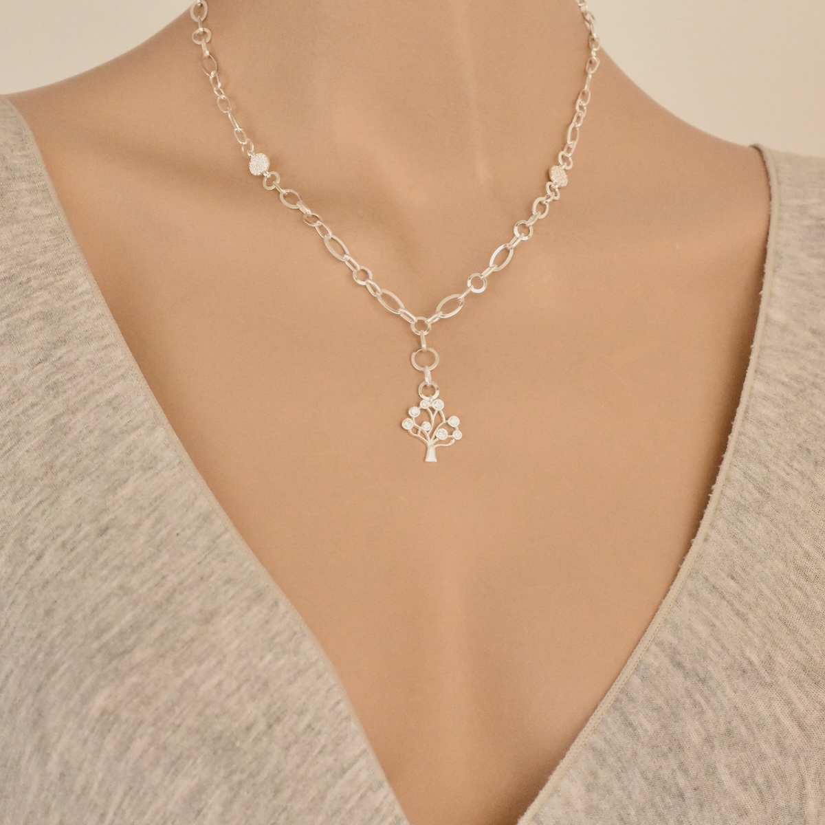 Sterling Silver 925 Tree of Life CZ Chain Necklace "Arbor" - Silver Image 2