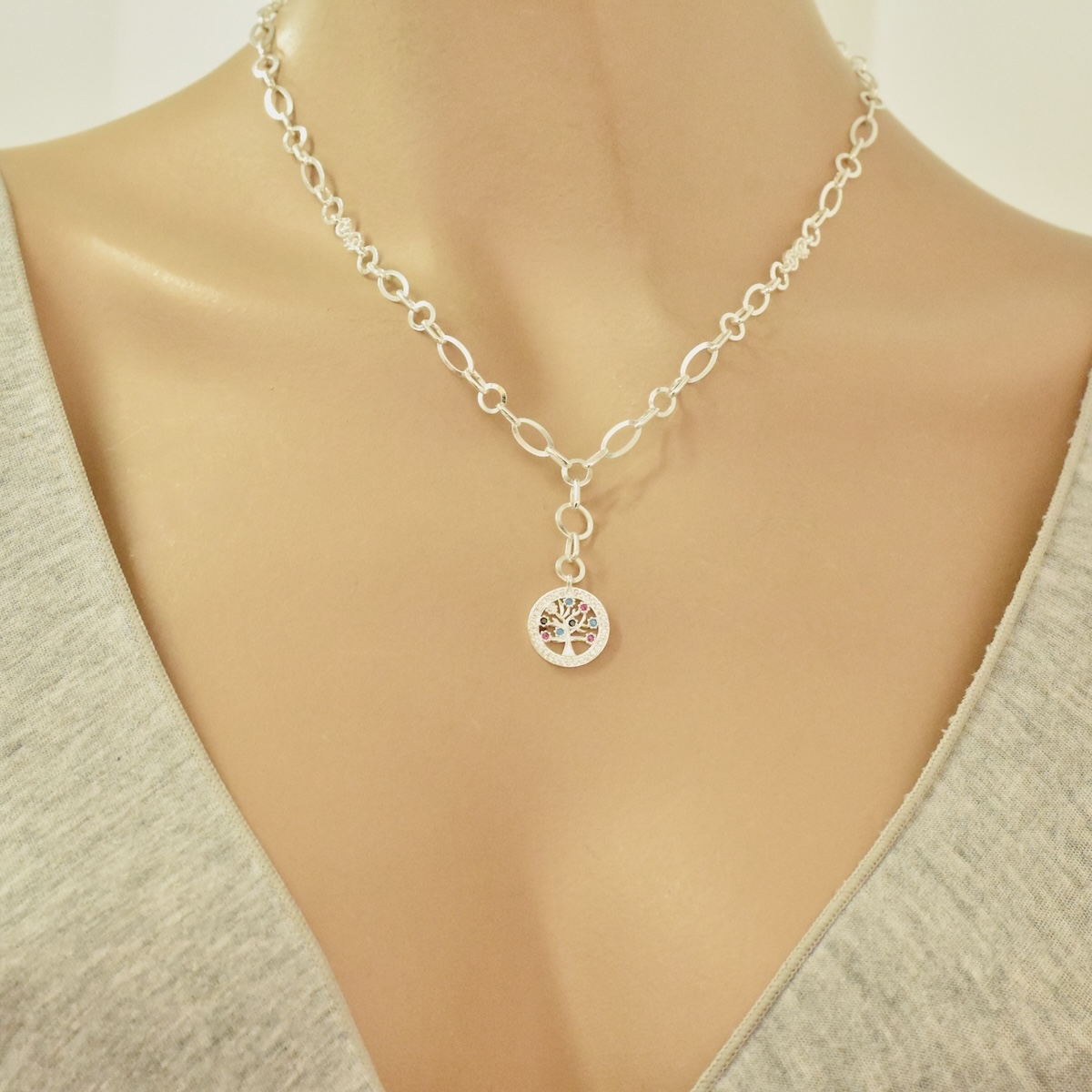 Sterling Silver 925 Tree of Life CZ Chain Necklace "Genesis" - Silver Image 2