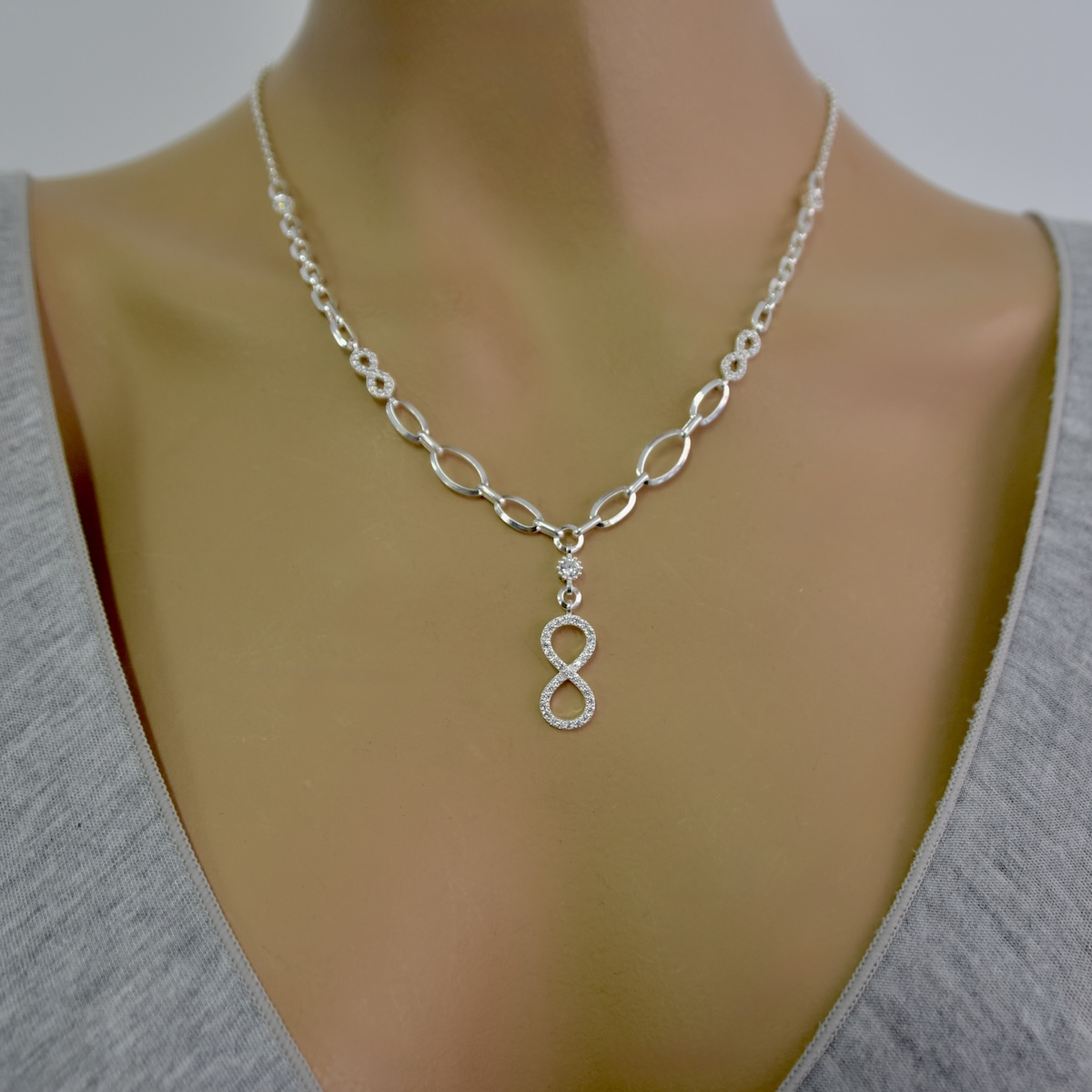 Sterling Silver 925 Infinity CZ Pendant Necklace "Nth" - Silver Image 2