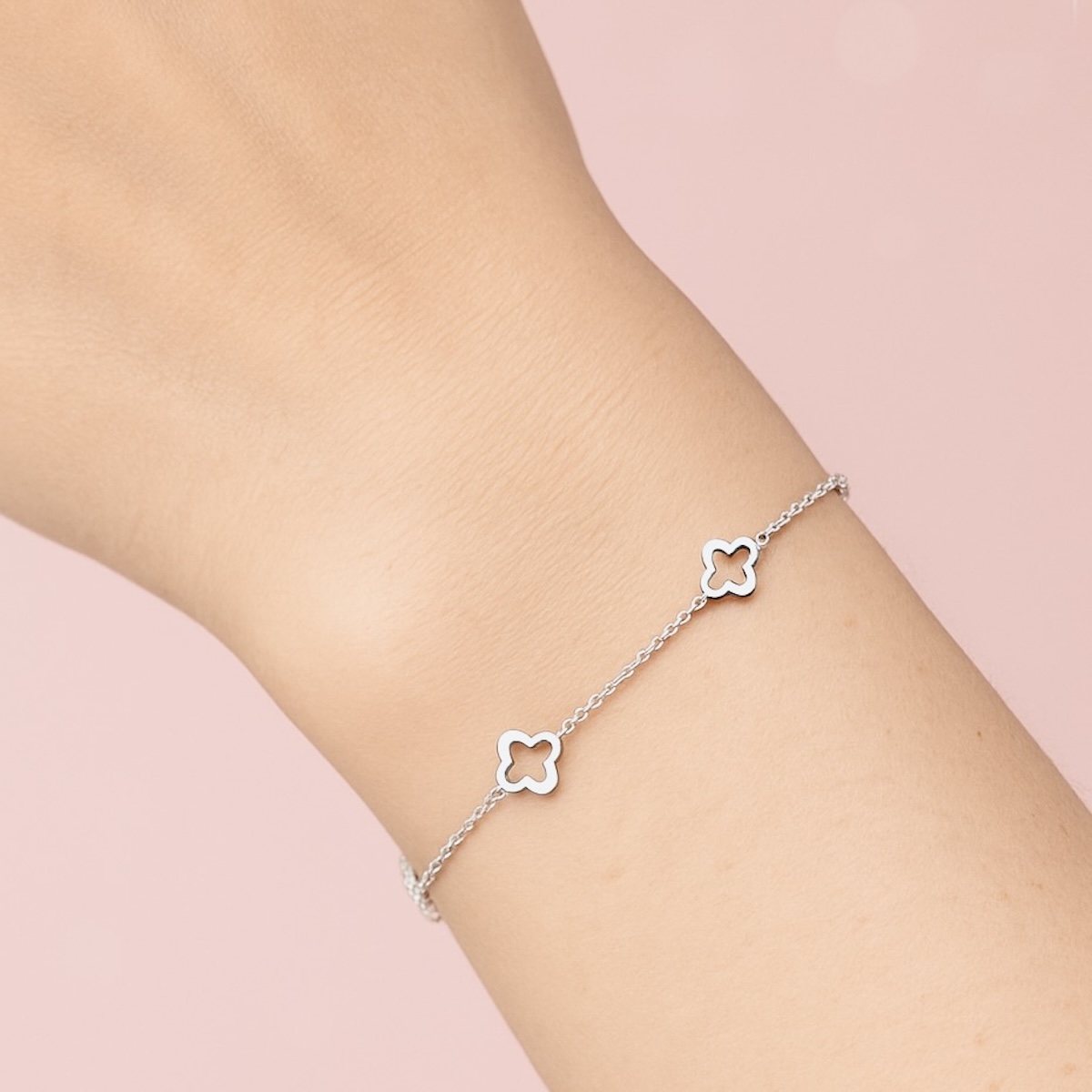 Sterling Silver 925 Openwork Four Leaf Clover Chain Bracelet "Oxalis" - Silver Image 2