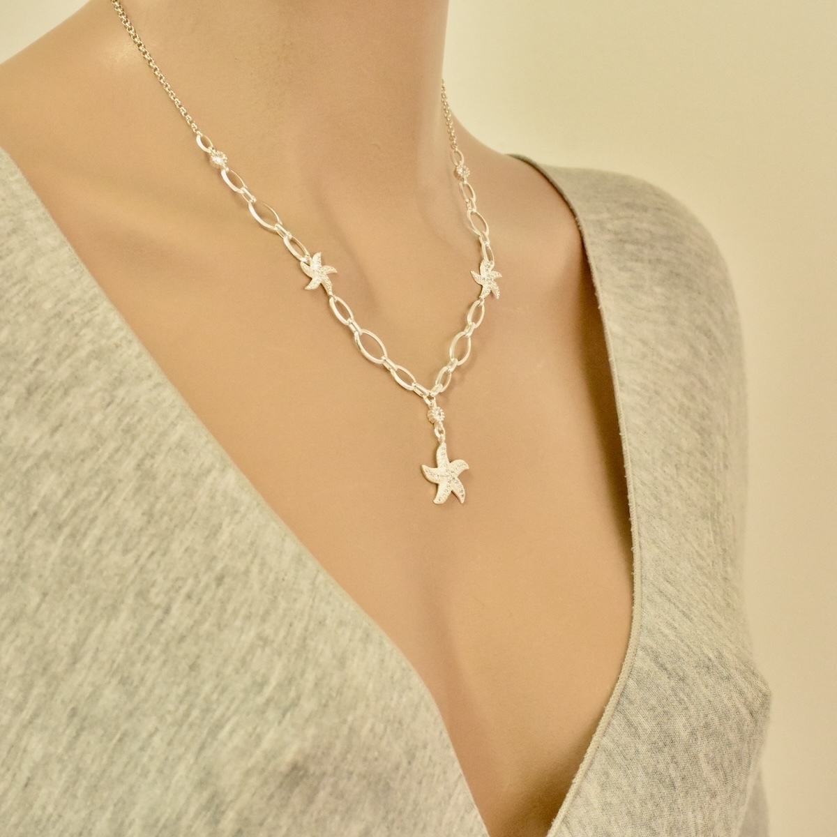 Sterling Silver 925 Seastar CZ Pendant Necklace "Venus" - Silver Image 4