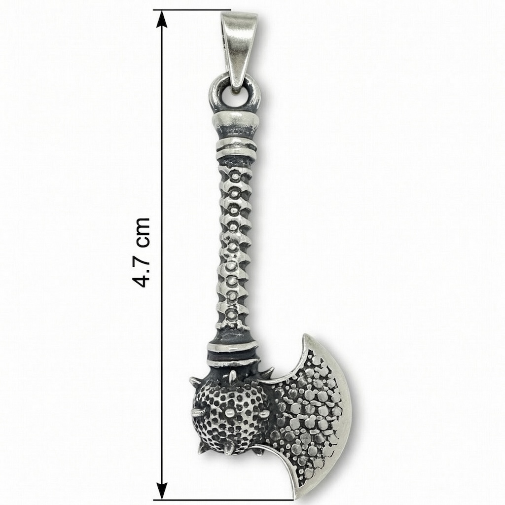 Sterling Silver 925 Viking Medieval Battle Axe Mace Pendant "Thor" - Silver Image 4