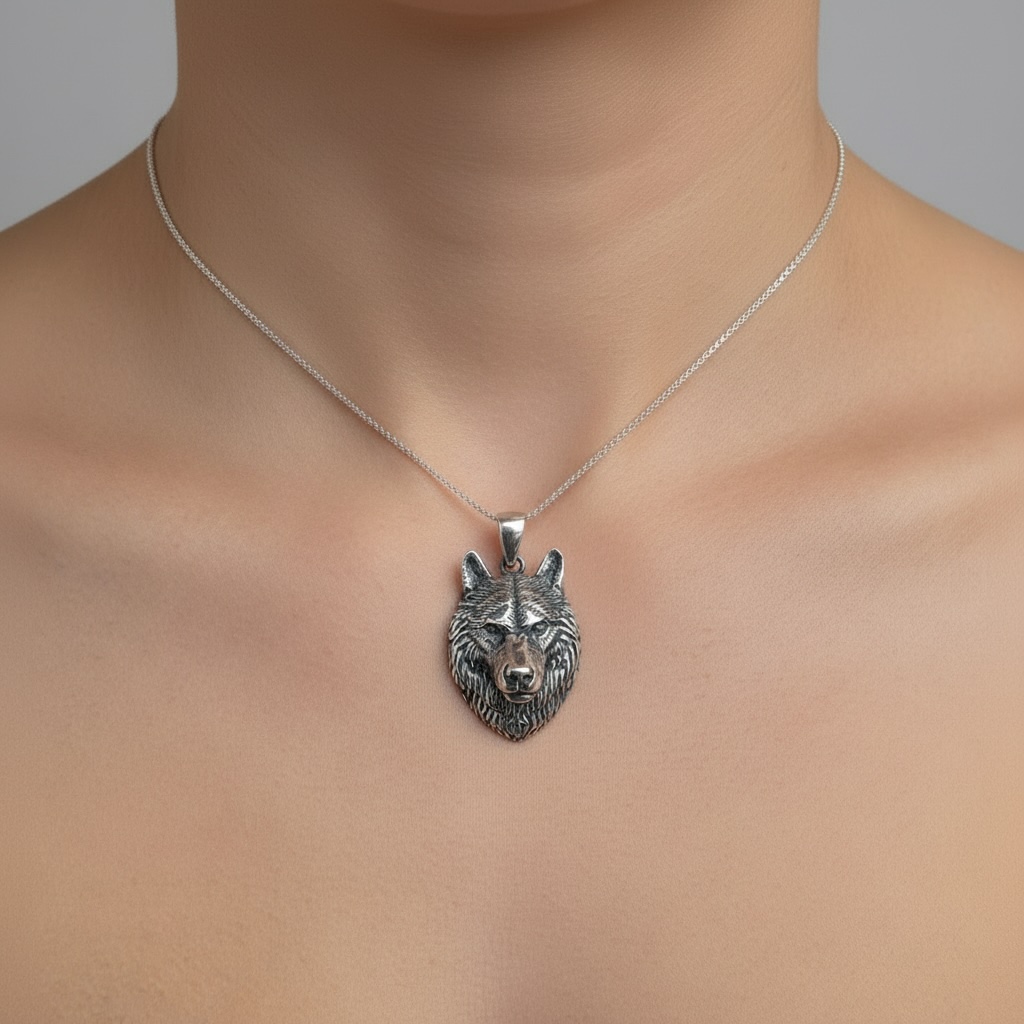 Sterling Silver 925 Wolf Head Pendant "Stark" - Silver Image 3