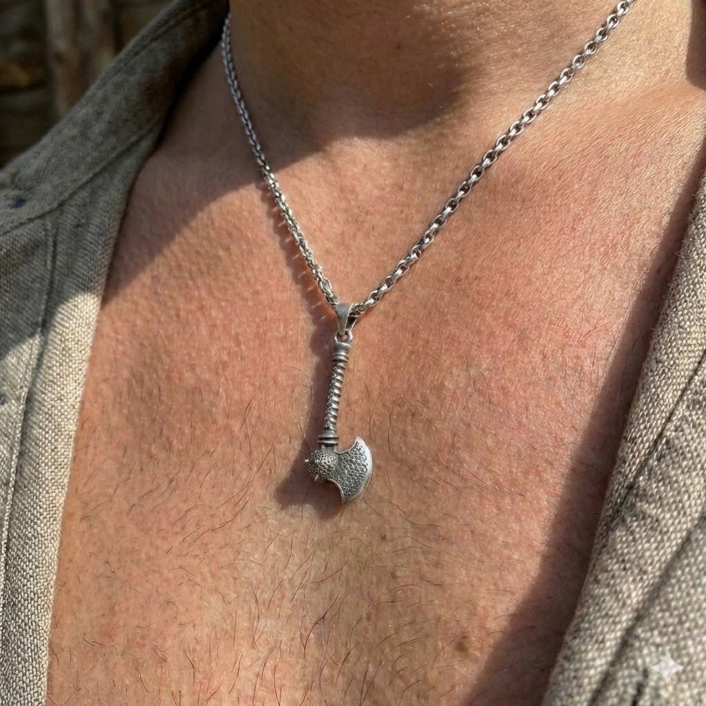 Sterling Silver 925 Viking Medieval Battle Axe Mace Pendant "Thor" - Silver Image 3