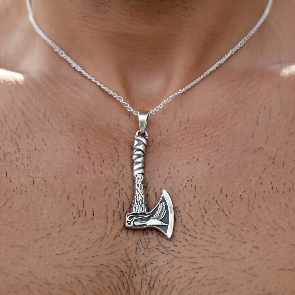 Sterling Silver 925 Viking Axe Unisex Pendant "Hrafn" - Silver Image 3