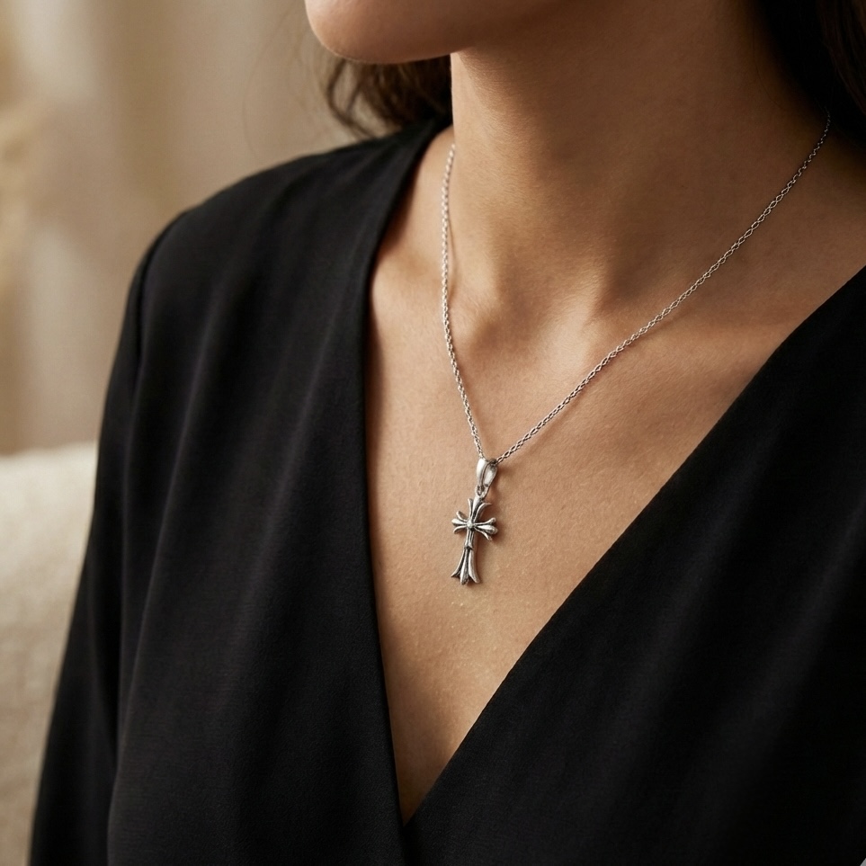 Sterling Silver 925 Unisex Double Cross Pendant "Vesper" - Silver Image 3