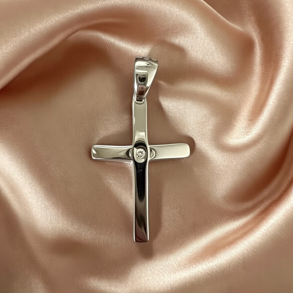 Sterling Silver 925 Cross Minimalist CZ Pendant "North Star" - Silver Image 2