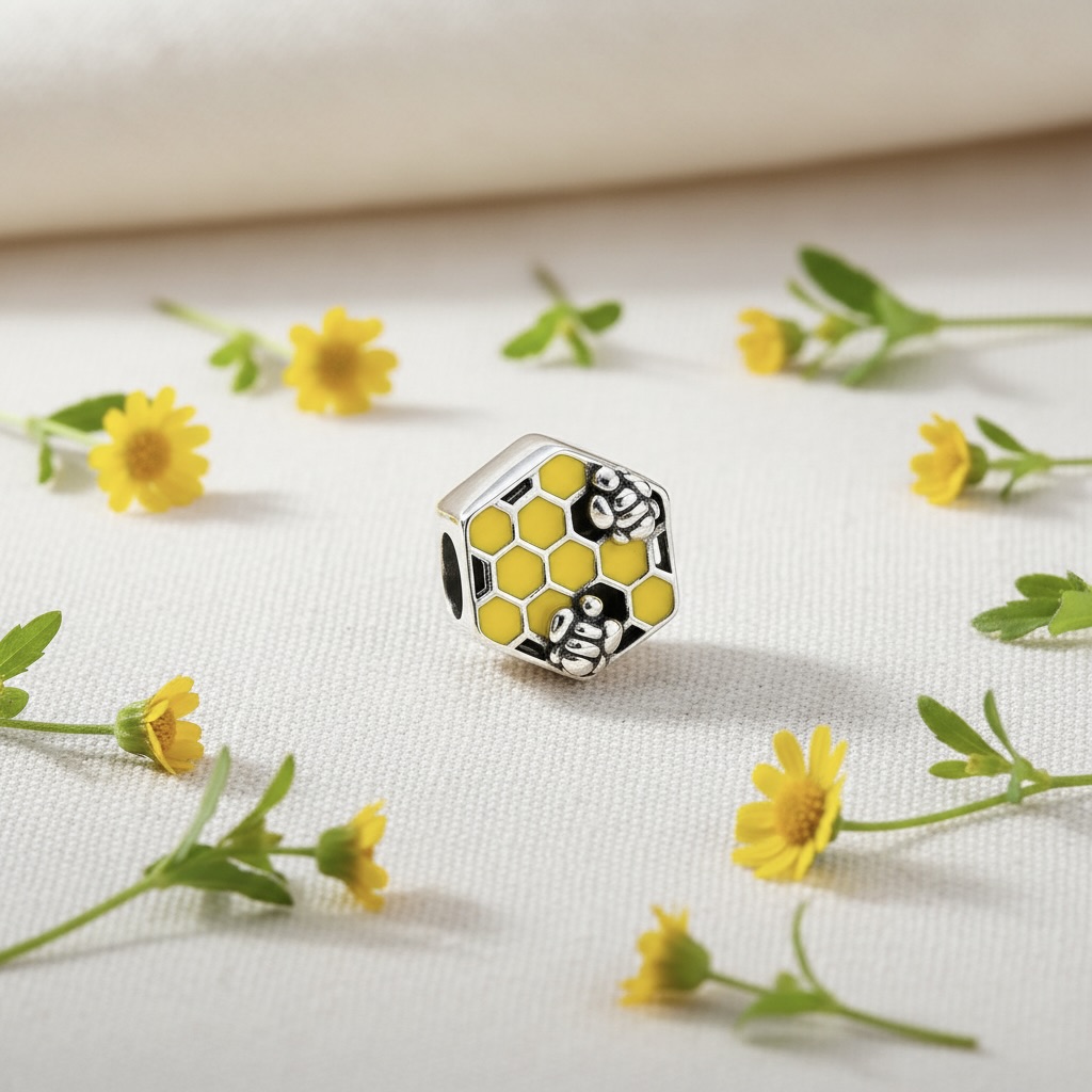 Sterling Silver 925 Honeycomb Bee Bracelet Bead Charm "Black and Yellow" - Image 2