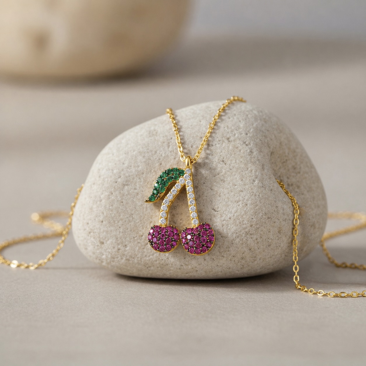Sterling Silver 925 Yellow Gold Plated Cherry Necklace CZ Pendant “Cerise” - Image 2