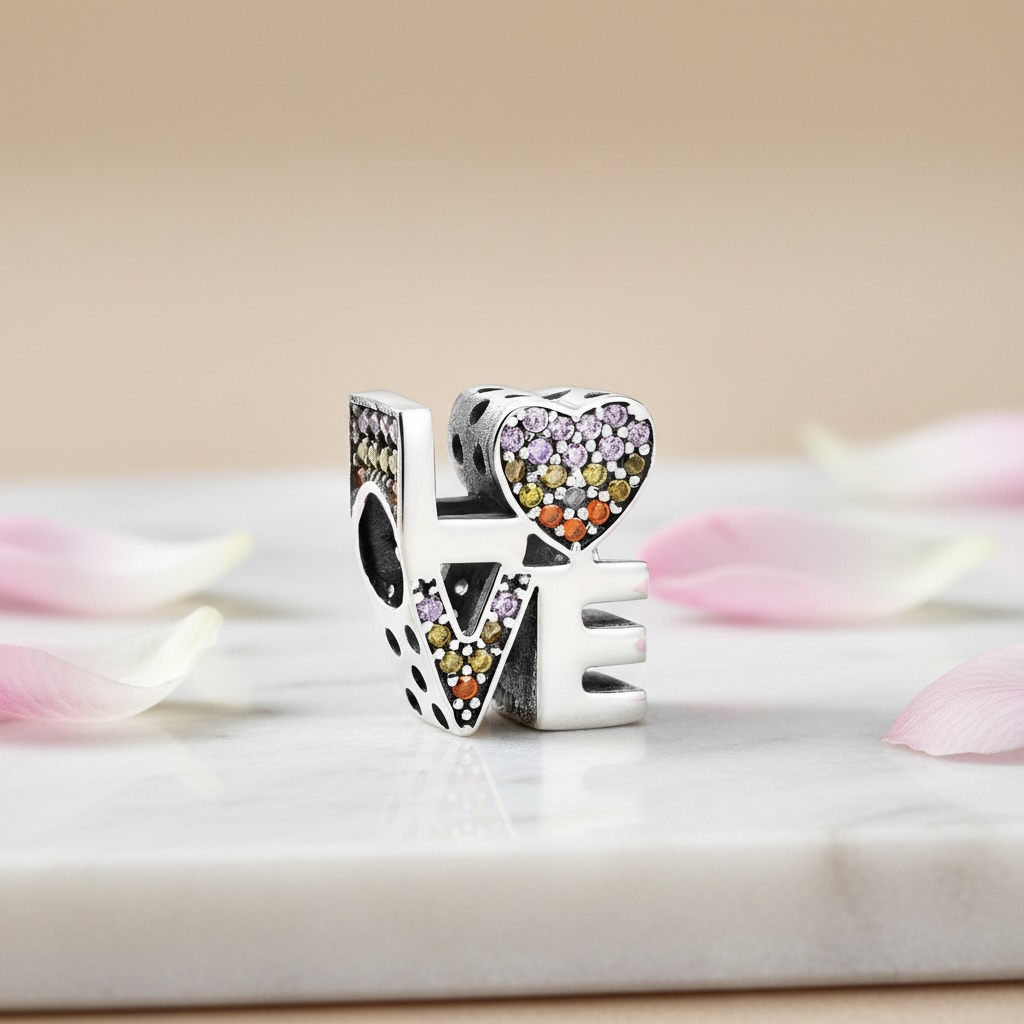 Sterling Silver 925 Pavé Bracelet Bead Charm “LOVE” - Image 2