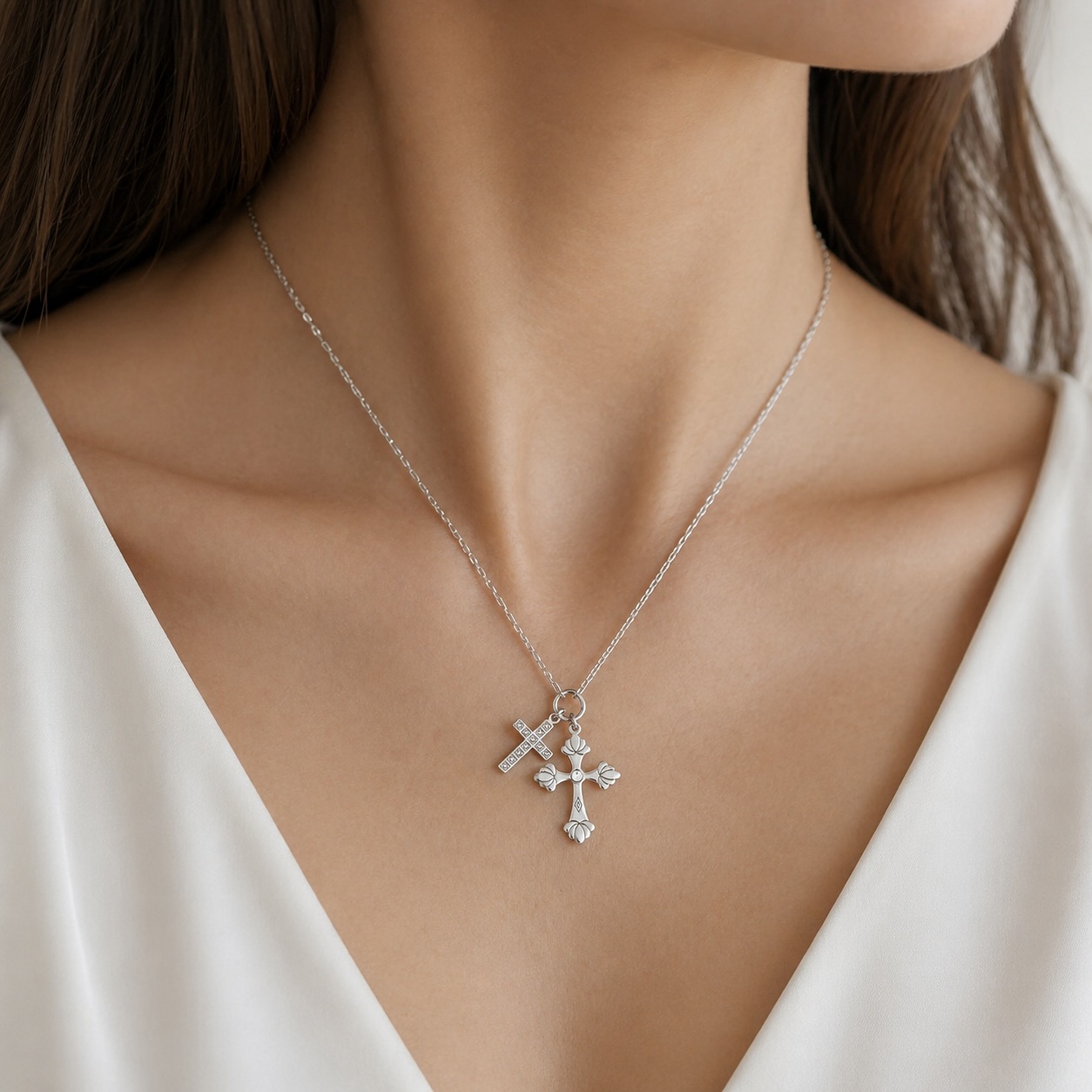 Sterling Silver 925 Cross Pendant Swarovski Crystal Necklace "Dual Grace" - Image 3
