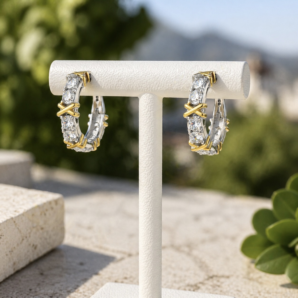 Sterling Silver 925 CZ Hoop Yellow Gold Plated Earrings "Belle" - Image 2