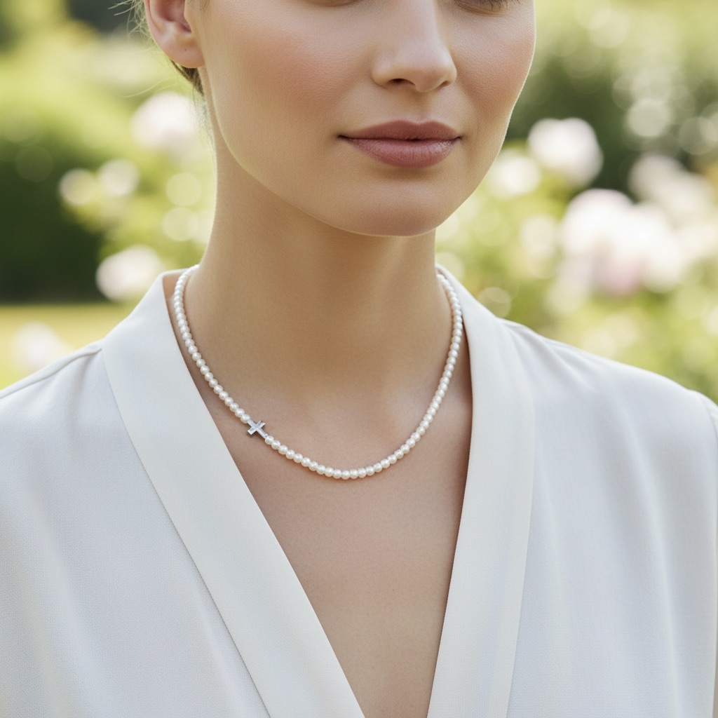 Sterling Silver 925 Pearl Beaded Cross Necklace "Ivory" - Image 3
