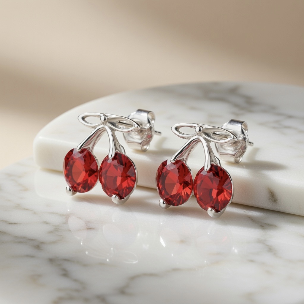 Sterling Silver 925 Cherry Stud Earrings “Sweet Scarlet” - Image 2