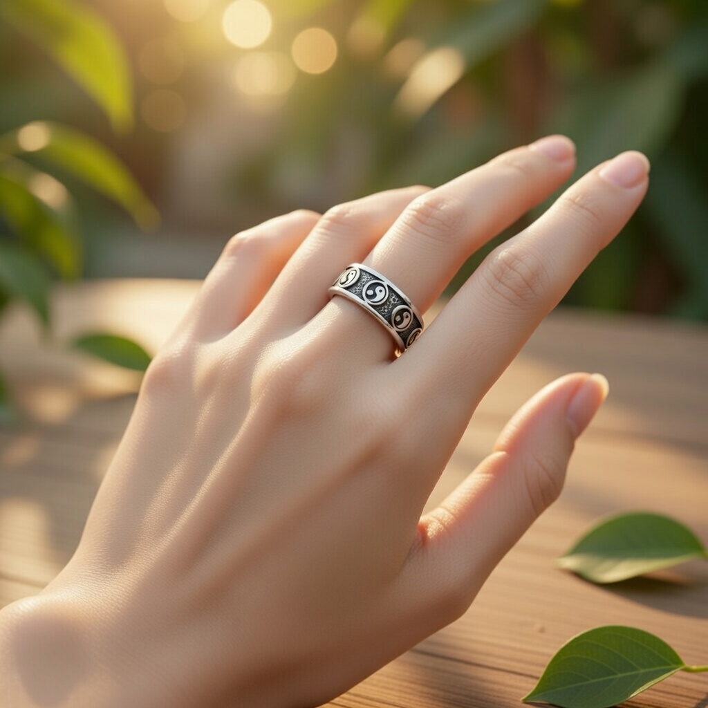Sterling Silver 925 Yin Yang Band Ring "Black&White" - Silver Image 4