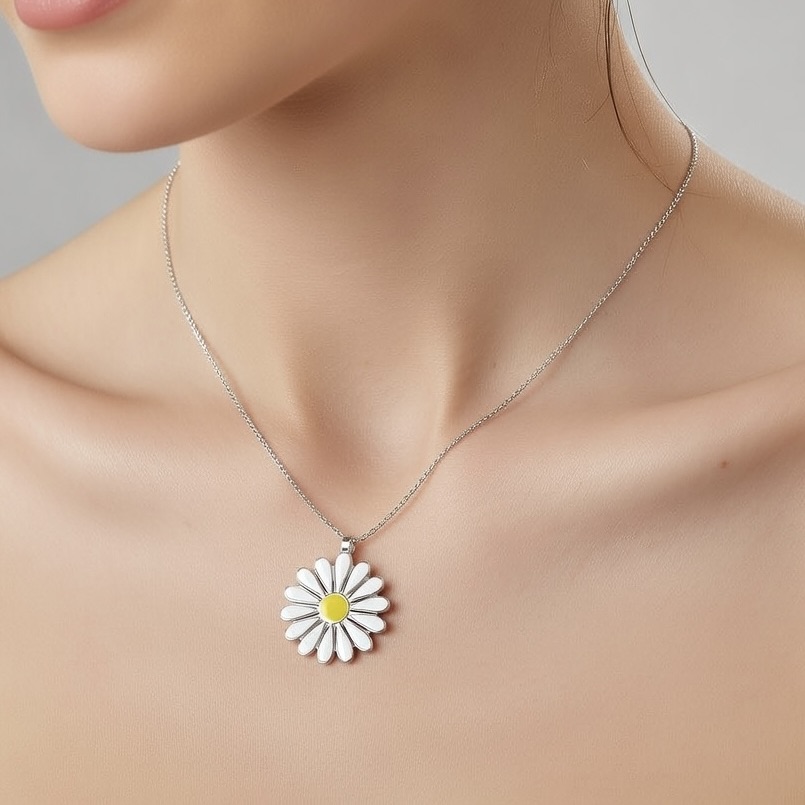 Sterling Silver 925 Daisy Flower Pendant Gold Plated Necklace "Bellis" - Silver Image 3