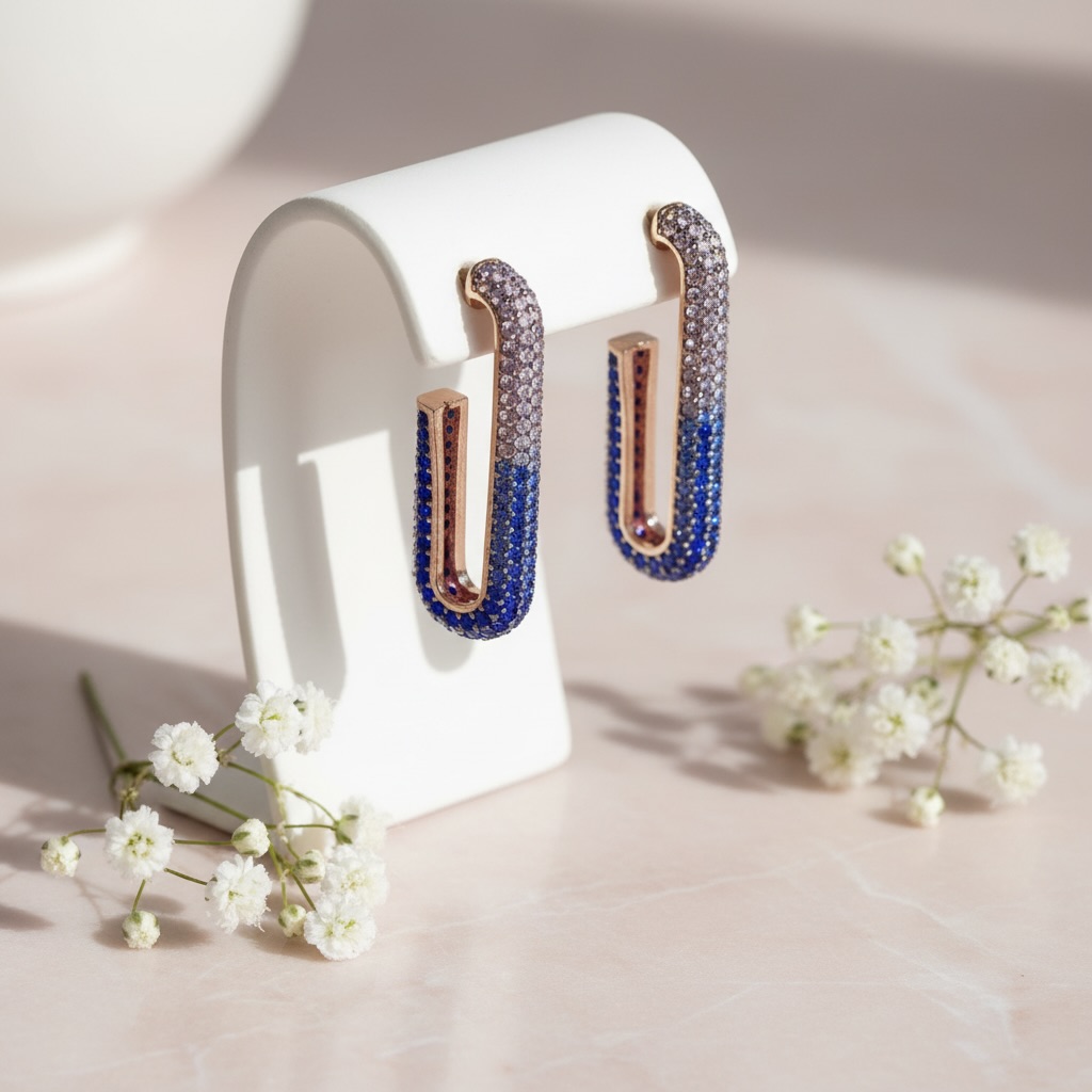Sterling Silver 925 Rose Gold Plated Blue Pavé Stud Earrings “Azure Sparkle” - Image 2