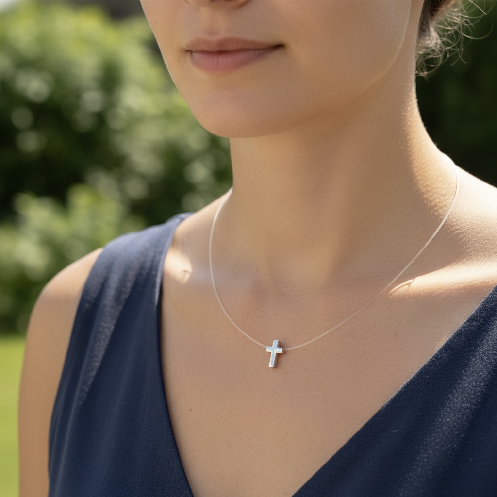 Sterling Silver 925 Cross Charm Cord Necklace "Invisible Faith" - Image 3