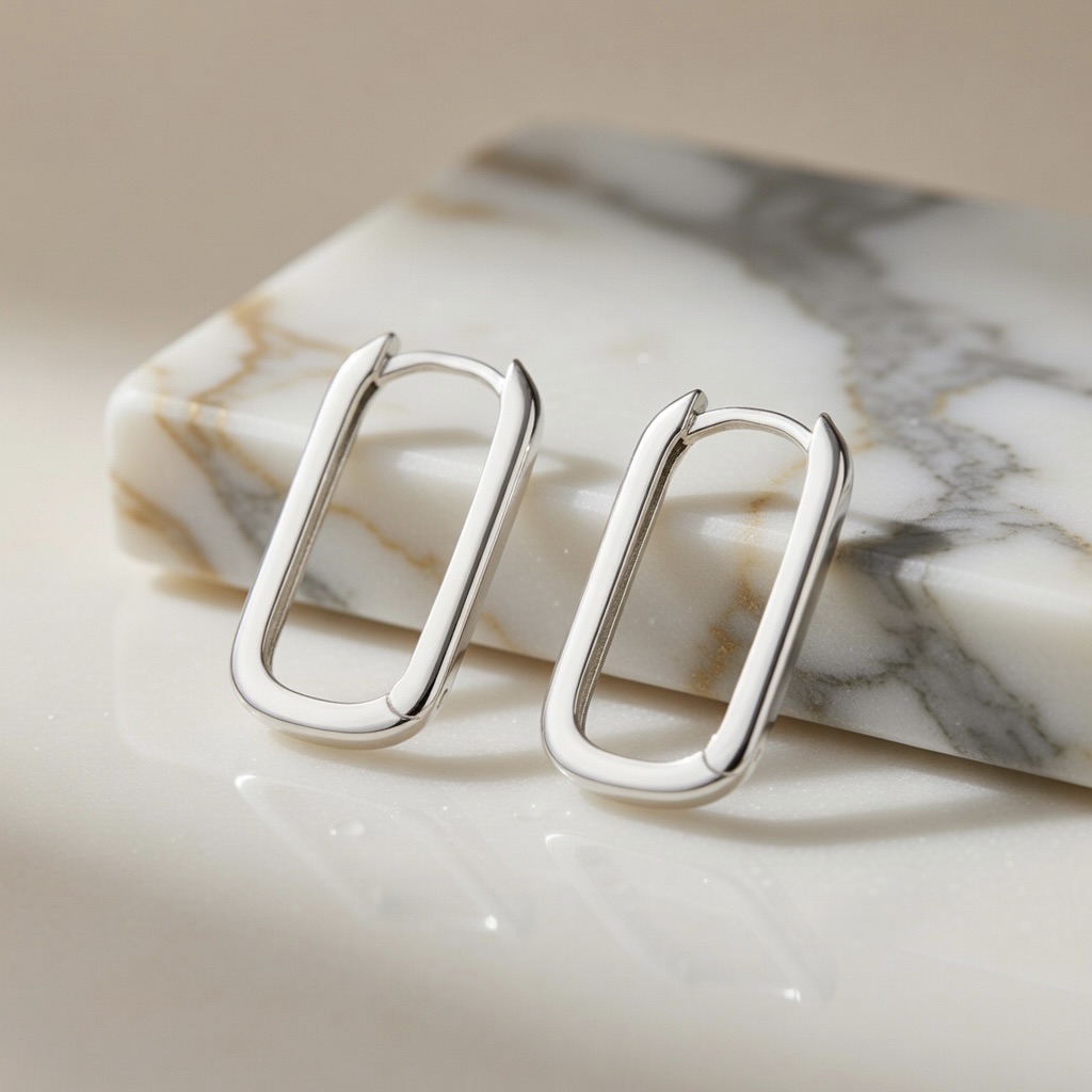 Sterling Silver 925 Rectangular Huggie Hoop Earrings “Urban Edge” - Image 2