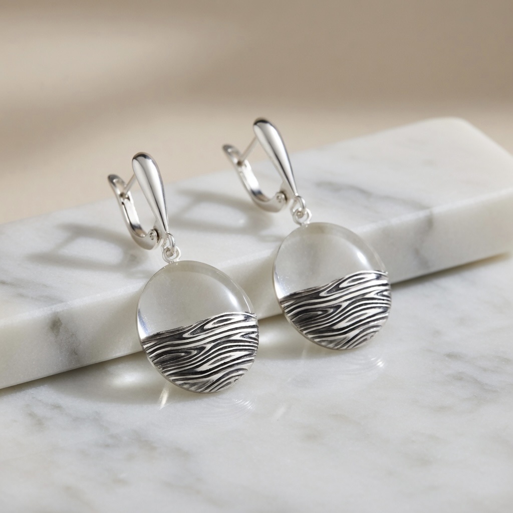 Sterling Silver 925 Oval Drop Earrings “Ocean Waves” - Image 2