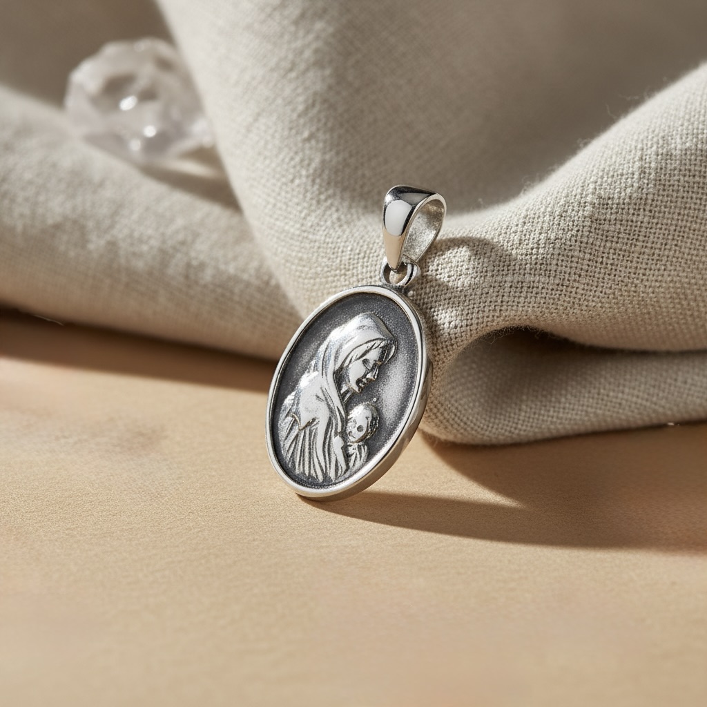 Sterling Silver 925 Virgin Mary Oval Pendant "Holy Embrace" - Image 2