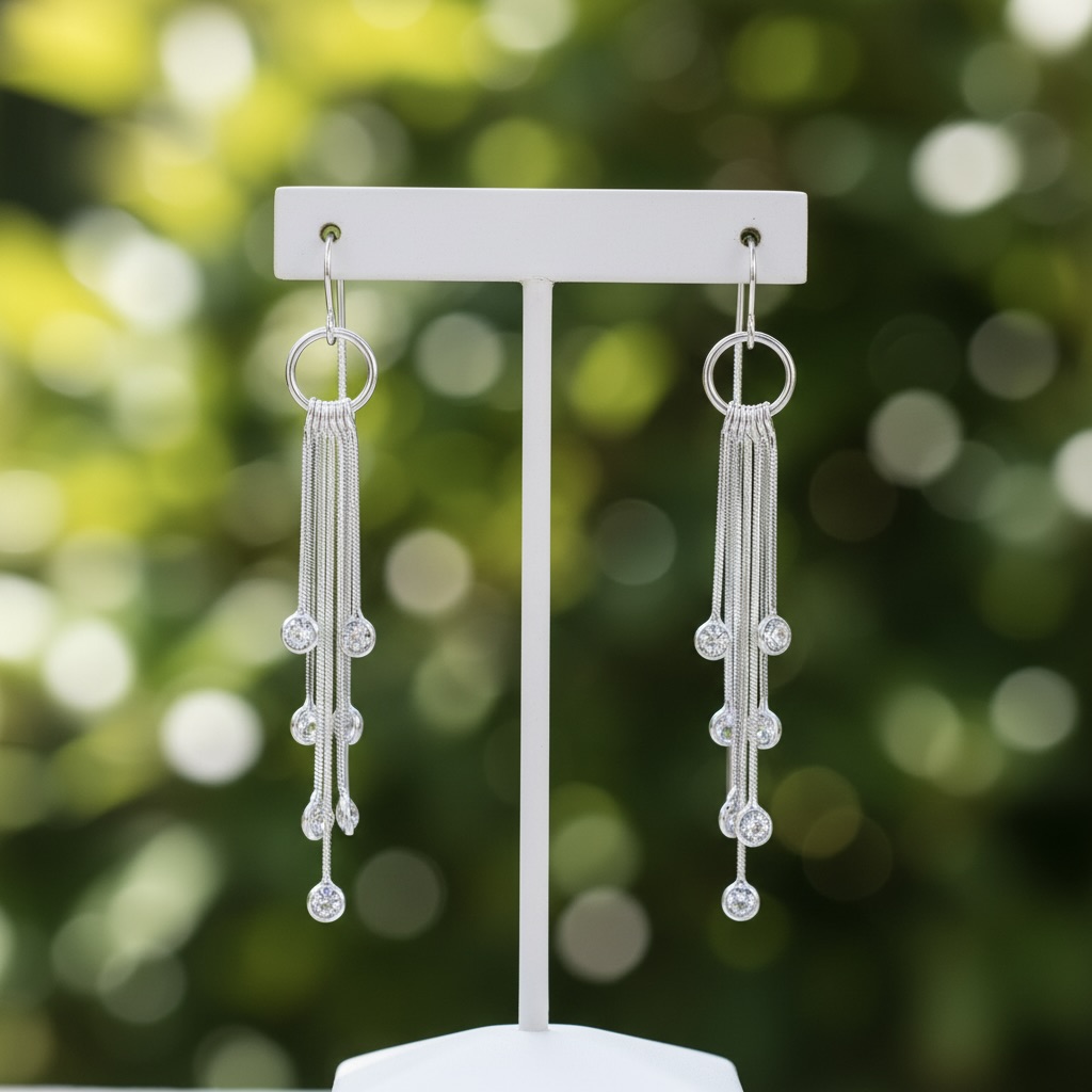 Sterling Silver 925 CZ Dangle Drop Threader Earrings "Lumina" - Image 2